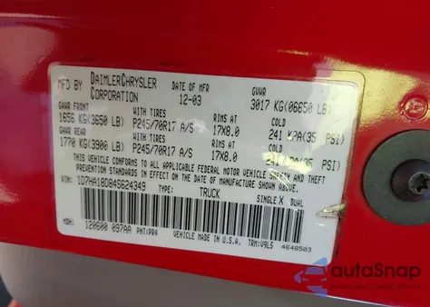 2004 Dodge Ram 1500 Slt/Laramie из США, поврежденный, VIN 1D7HA18D84S624349